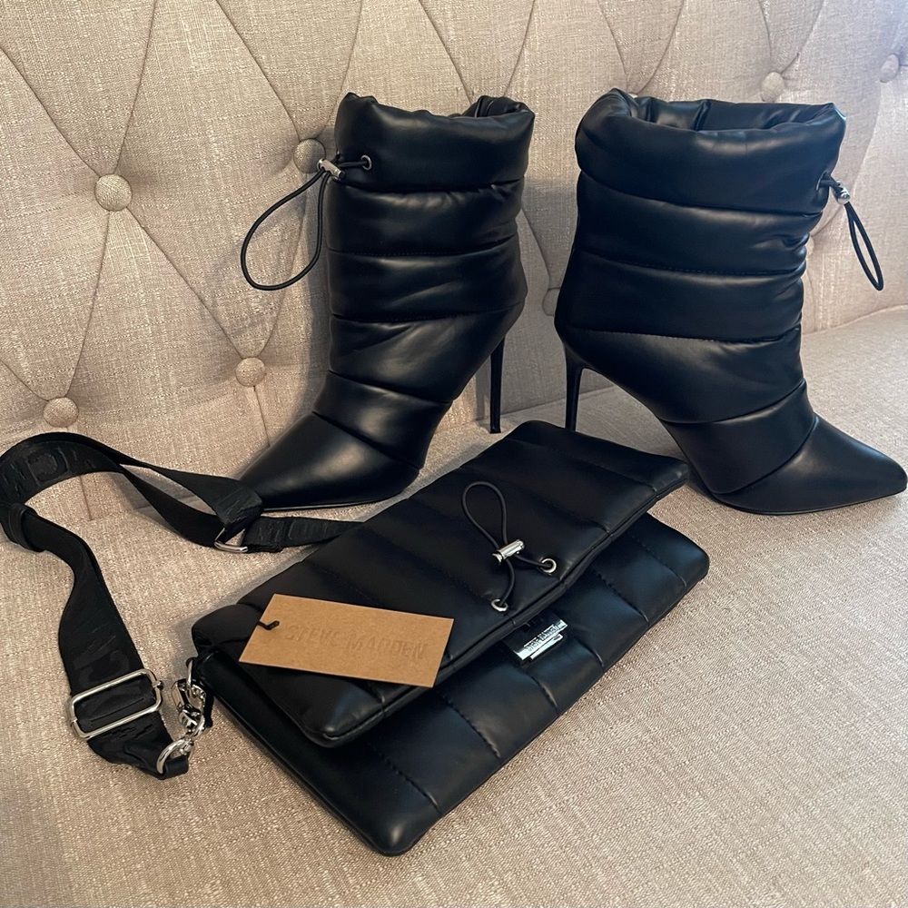 Steve Madden Black Cloak Boots and matching Crossbody purse.
